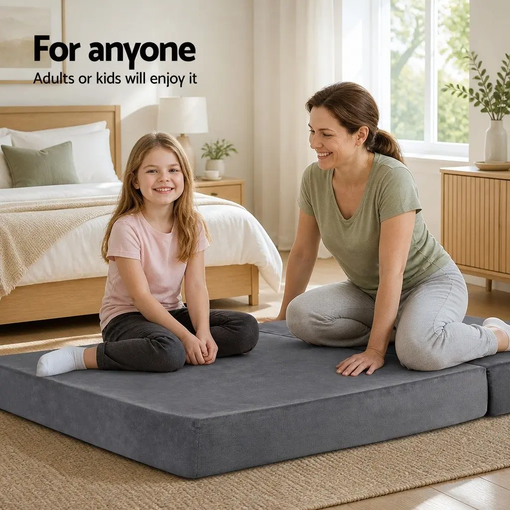 Foldable Foam Mattress Double Bed Sofa in Grey Velvet
