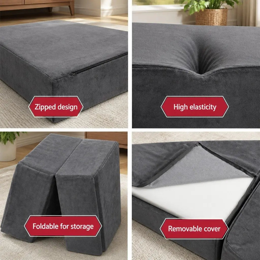 Foldable Foam Mattress Double Bed Sofa in Grey Velvet