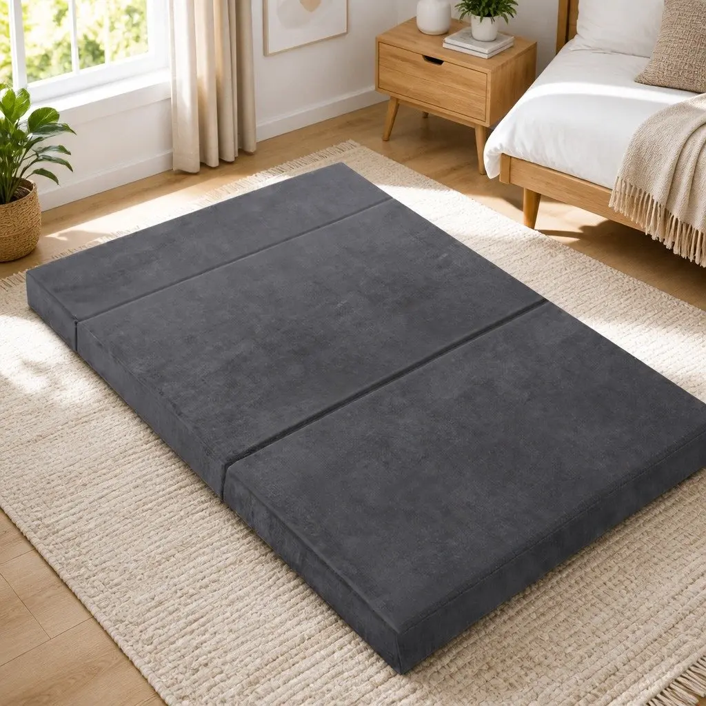 Foldable Foam Mattress Double Bed Sofa in Grey Velvet