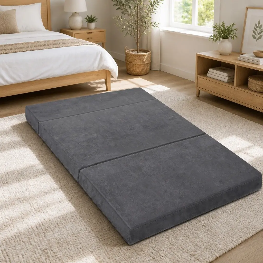 Foldable Foam Mattress Double Bed Sofa in Grey Velvet