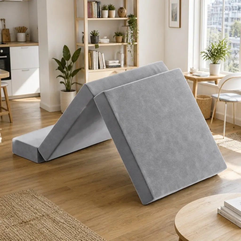 Foldable Foam Mattress Light Grey Queen Size Portable Velvet Cover