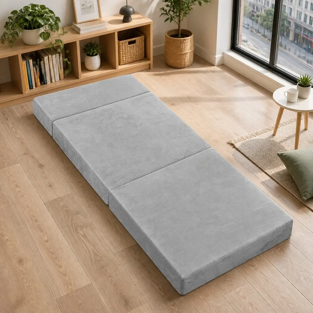 Foldable Foam Mattress Light Grey Queen Size Portable Velvet Cover