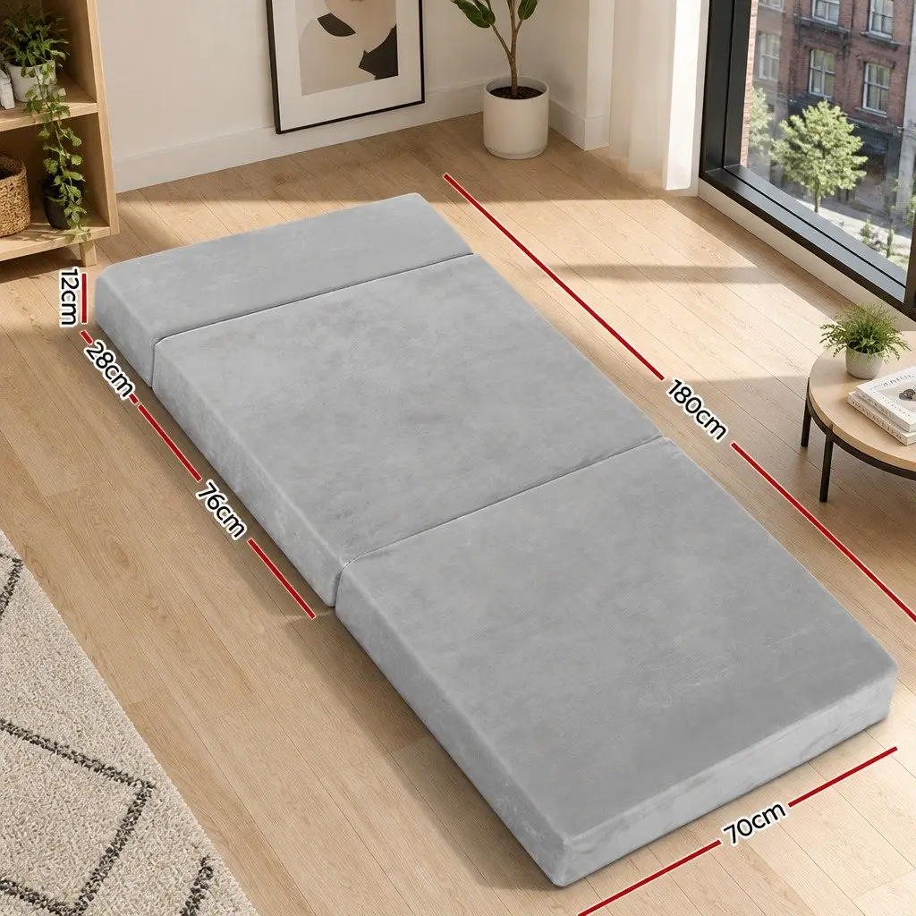 Foldable Foam Mattress Light Grey Queen Size Portable Velvet Cover