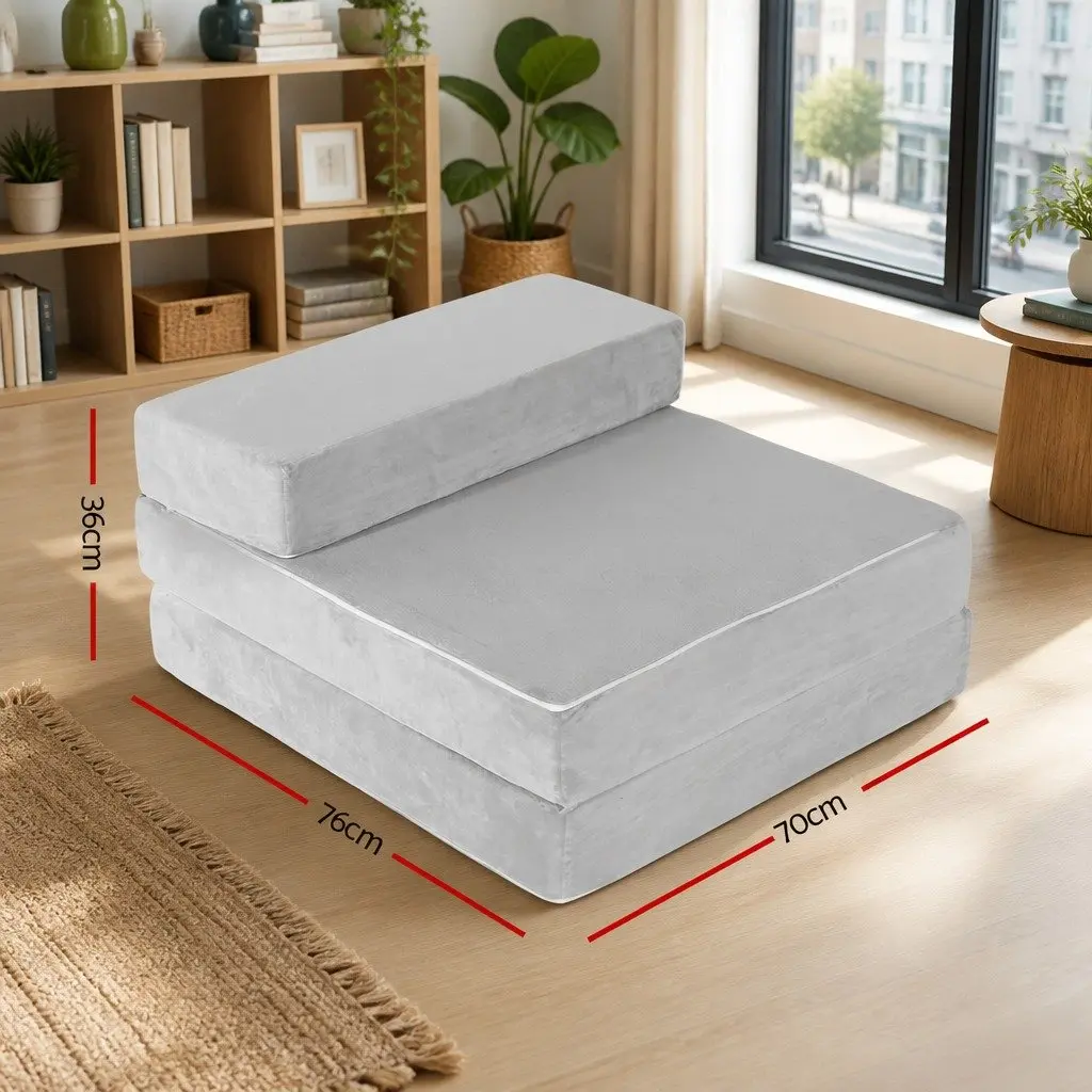 Foldable Foam Mattress Light Grey Queen Size Portable Velvet Cover