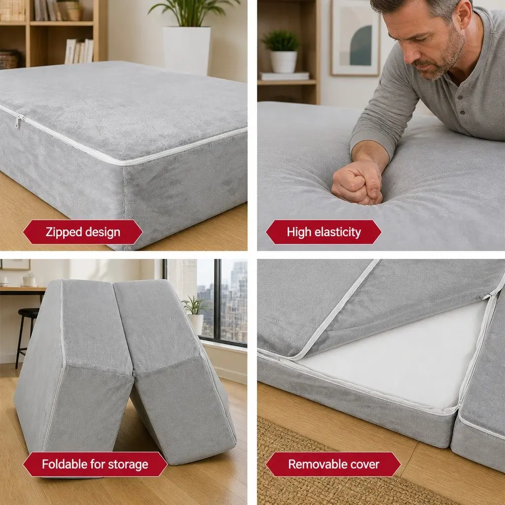 Foldable Foam Mattress Light Grey Queen Size Portable Velvet Cover