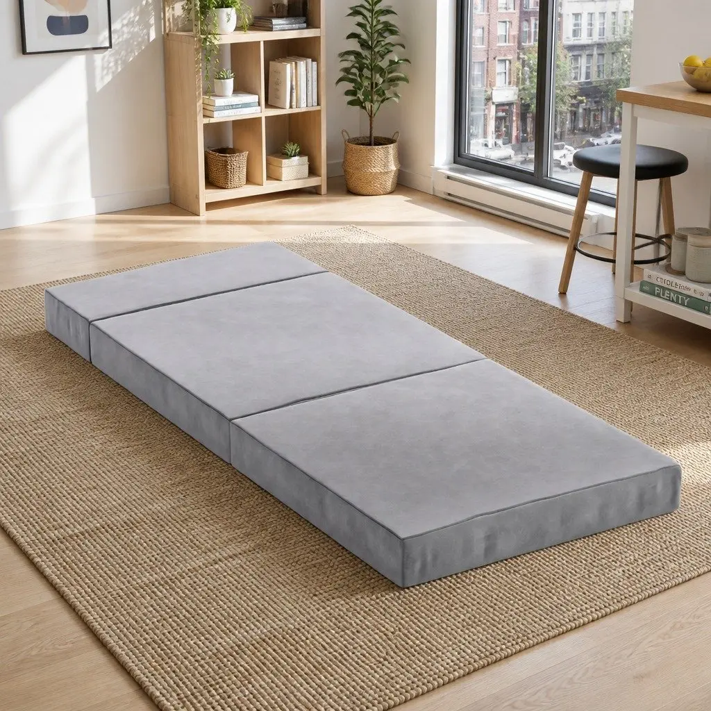 Foldable Foam Mattress Light Grey Queen Size Portable Velvet Cover