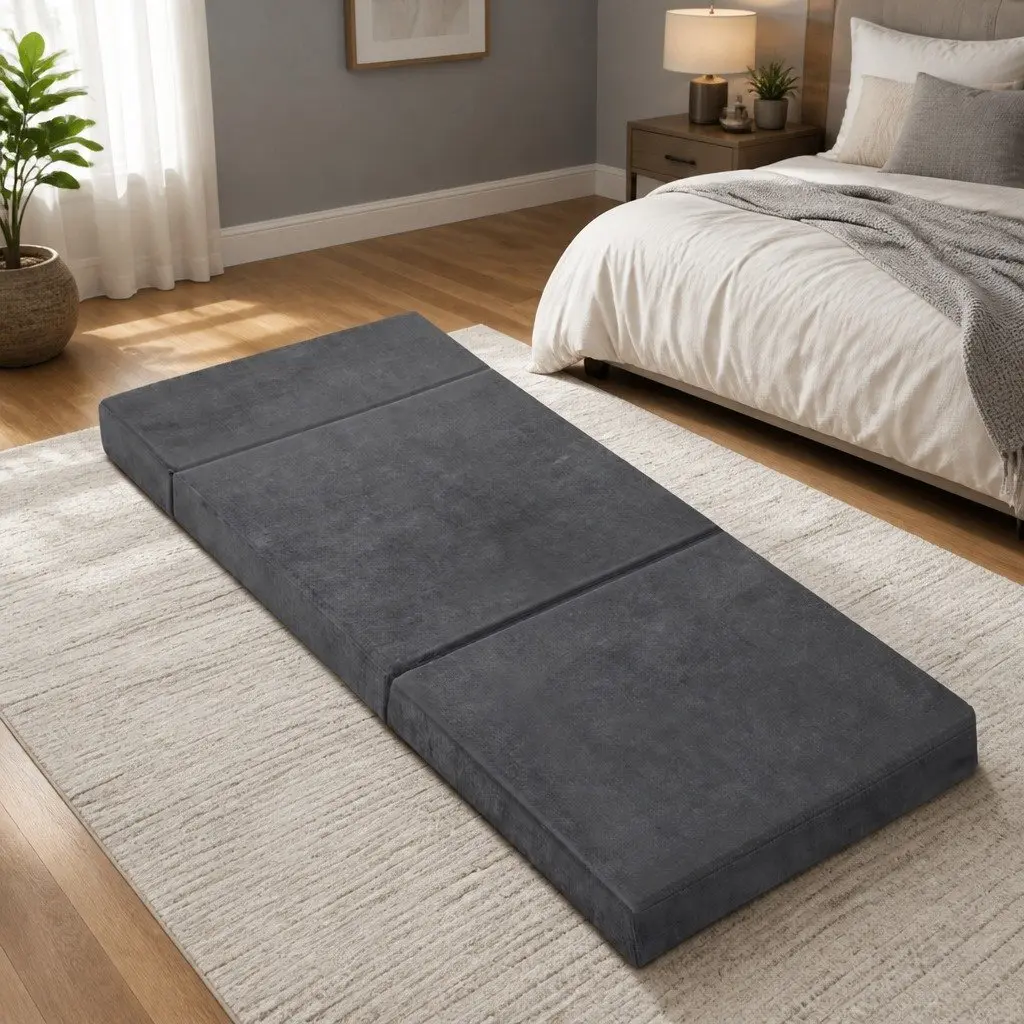 Foldable Foam Mattress Single Bed Chair Grey Velvet Soft Removable Cover Storage