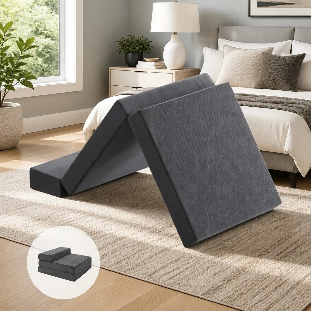 Foldable Foam Mattress Single Bed Chair Grey Velvet Soft Removable Cover Storage