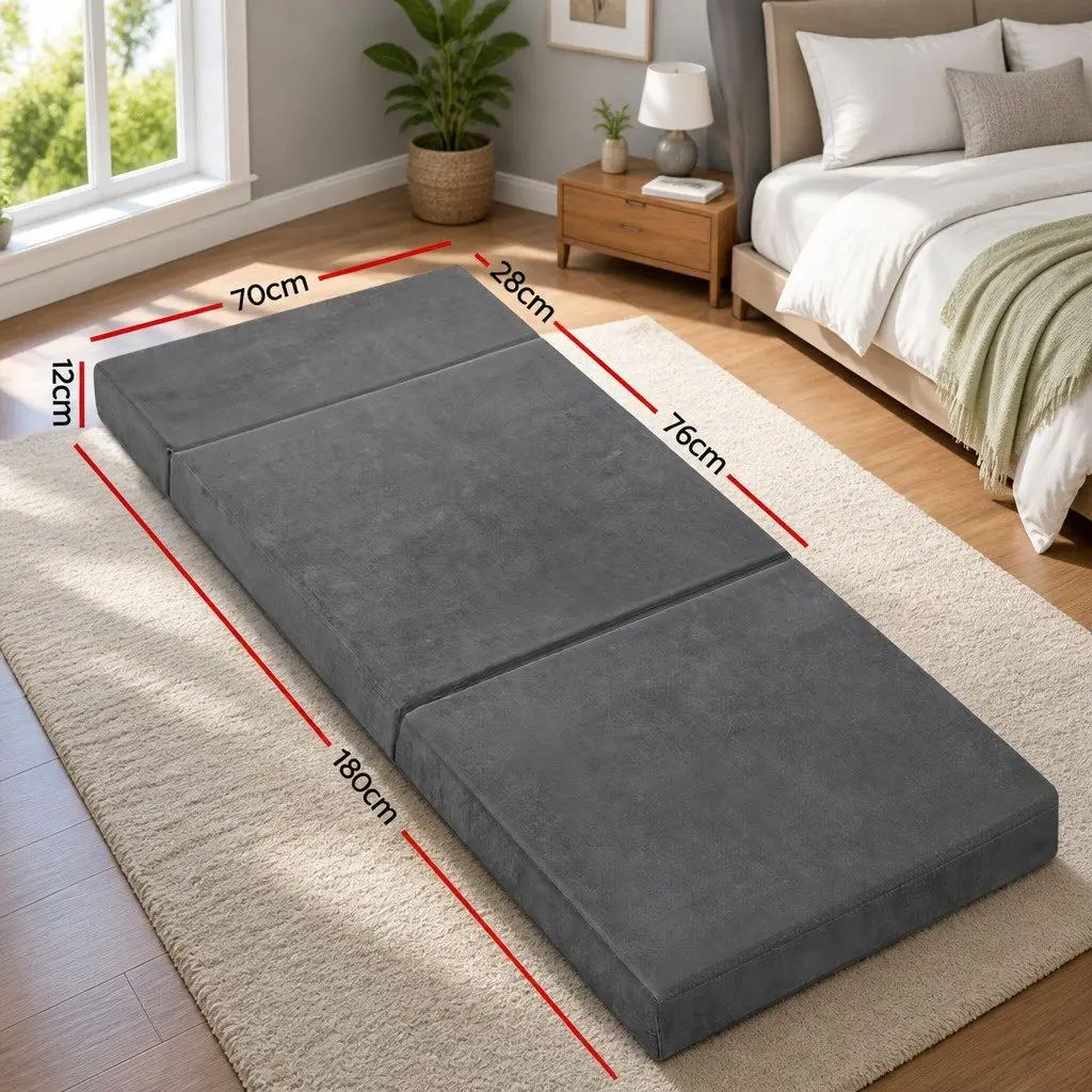 Foldable Foam Mattress Single Bed Chair Grey Velvet Soft Removable Cover Storage