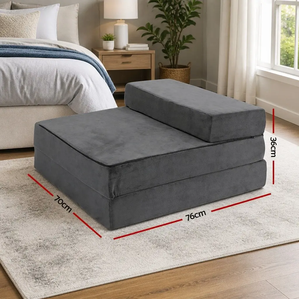 Foldable Foam Mattress Single Bed Chair Grey Velvet Soft Removable Cover Storage