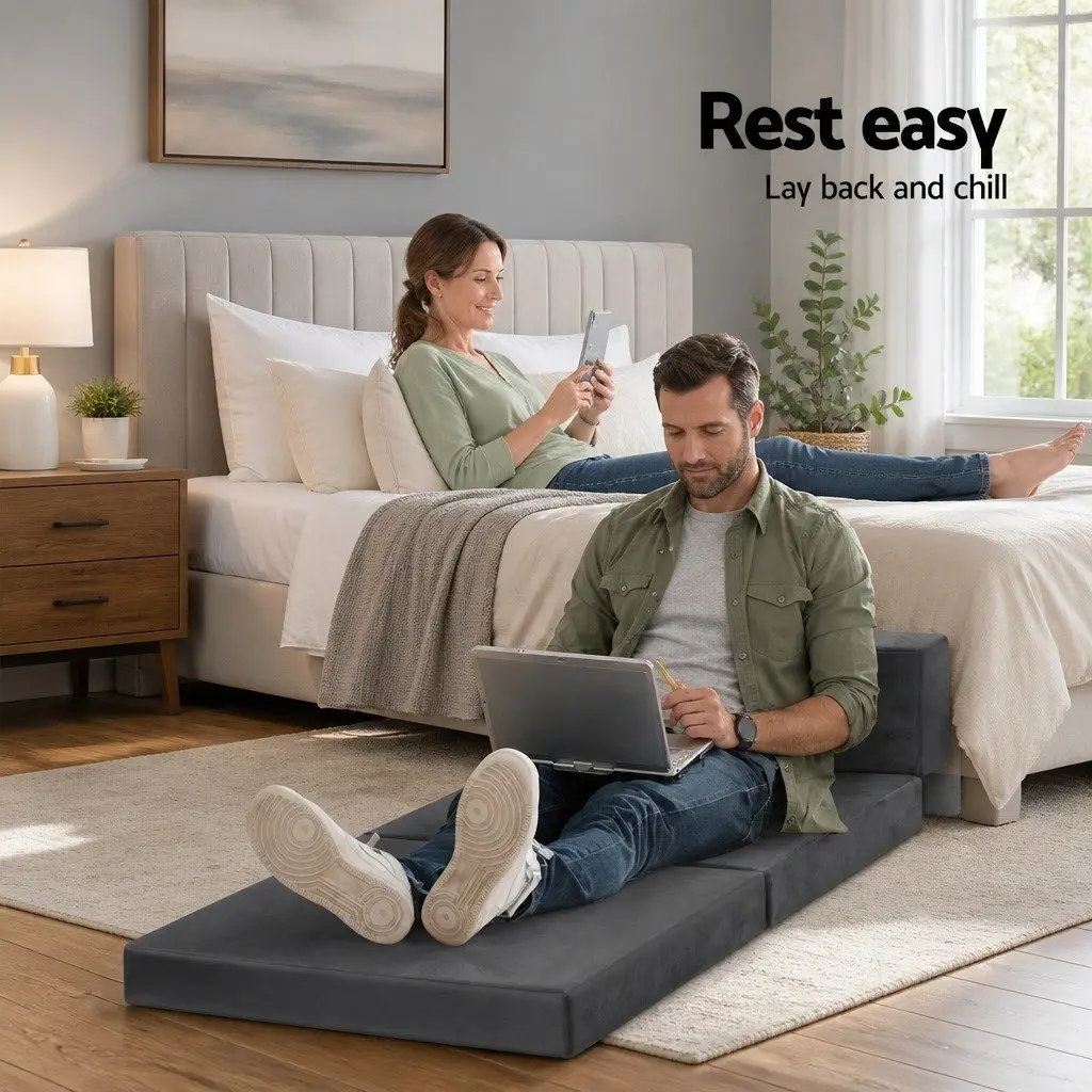 Foldable Foam Mattress Single Bed Chair Grey Velvet Soft Removable Cover Storage