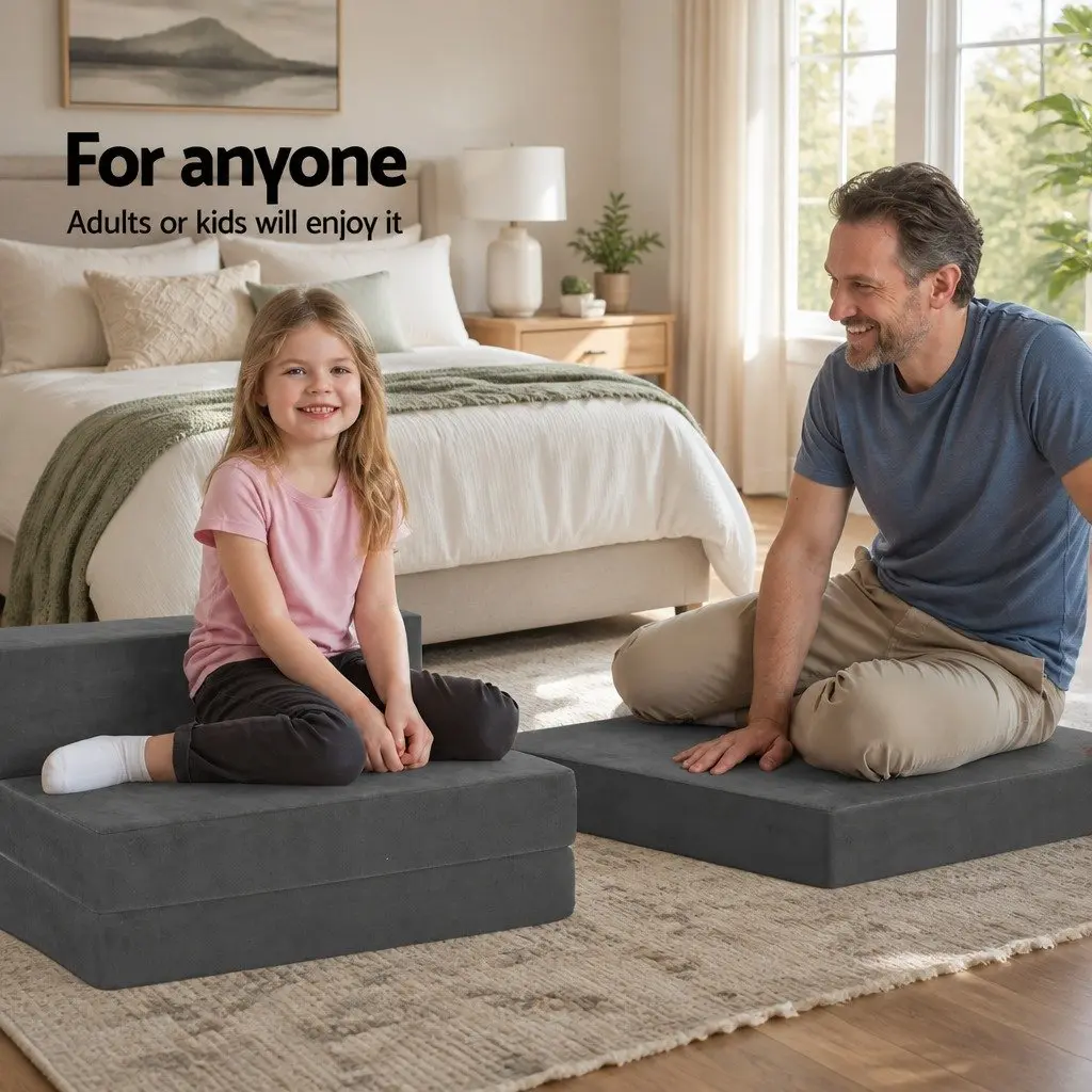 Foldable Foam Mattress Single Bed Chair Grey Velvet Soft Removable Cover Storage