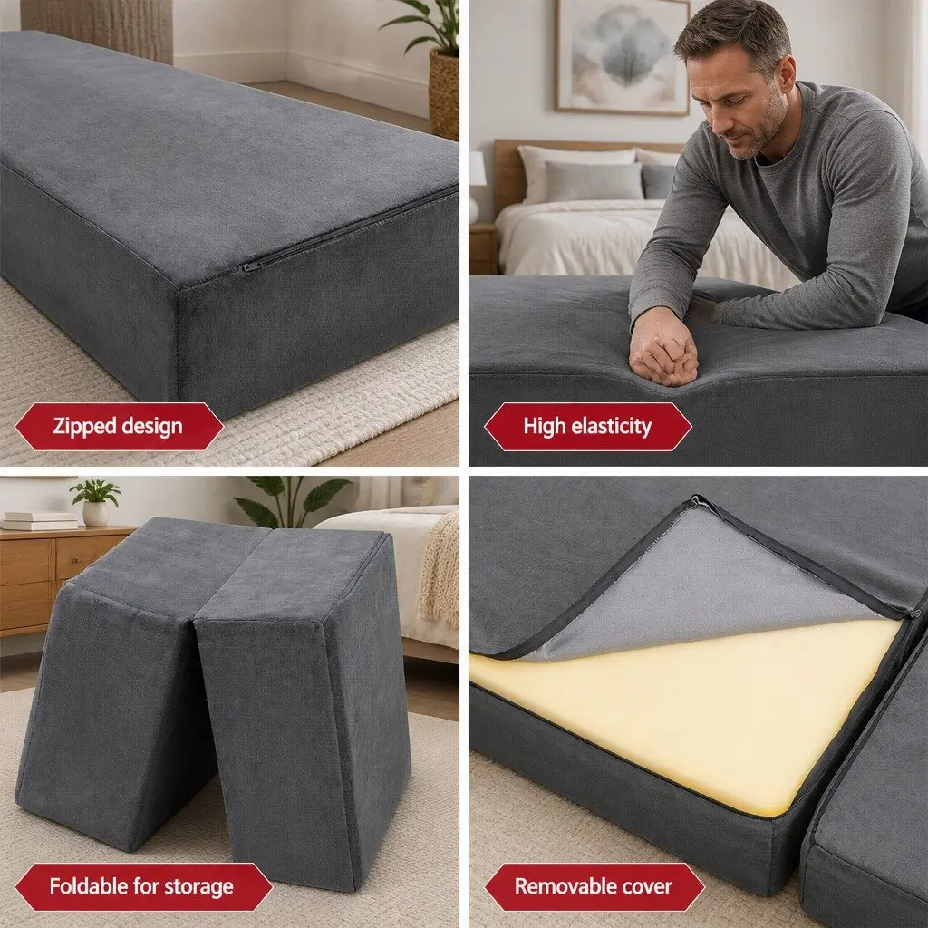 Foldable Foam Mattress Single Bed Chair Grey Velvet Soft Removable Cover Storage