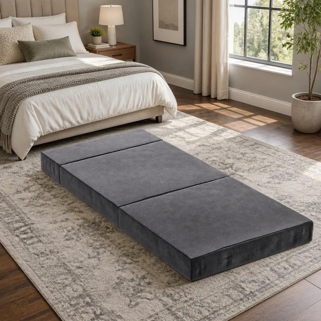 Foldable Foam Mattress Single Bed Chair Grey Velvet Soft Removable Cover Storage