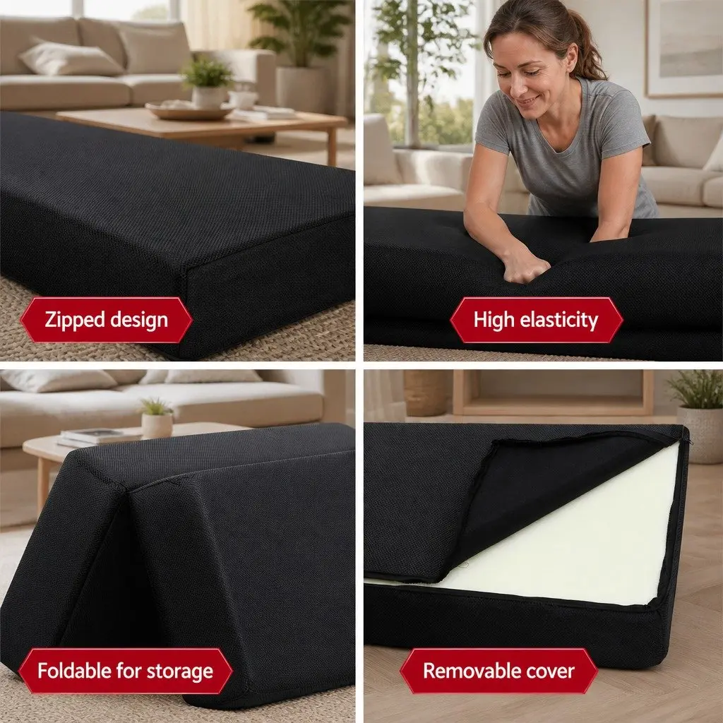 Foldable Foam Mattress Sofa Bed Black Convertible Air Mesh Fabric 180cm x 70cm x 24cm