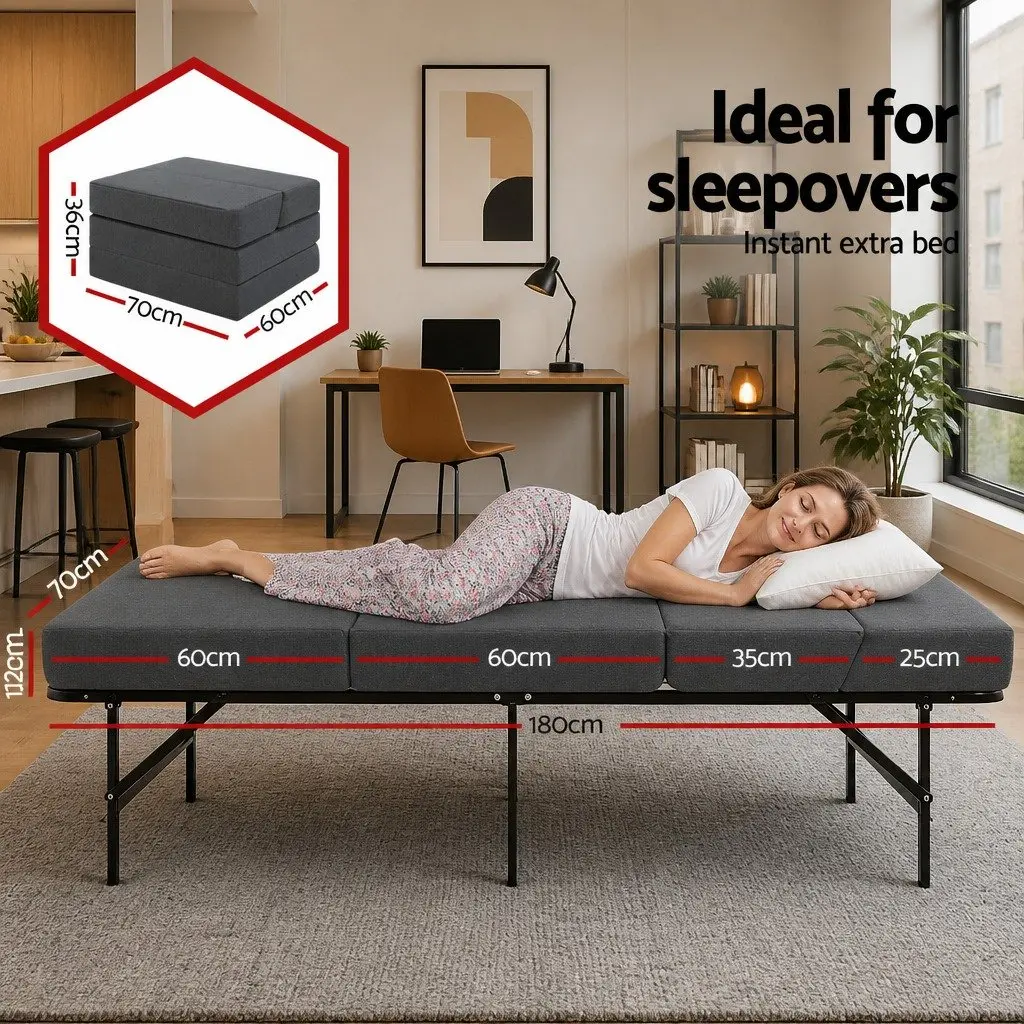 Foldable Foam Mattress Sofa Bed Grey Single Bed Polyester