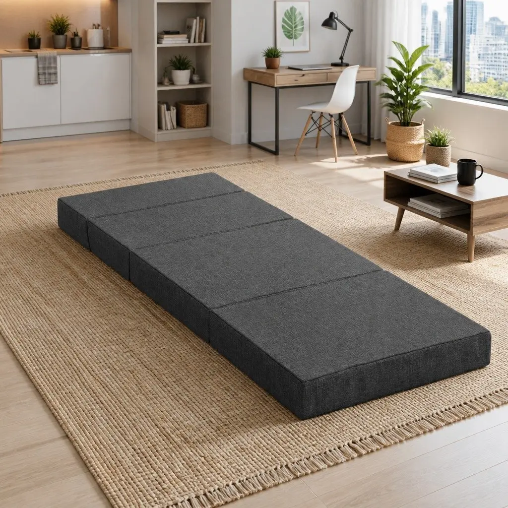 Foldable Foam Mattress Sofa Bed Grey Single Bed Polyester
