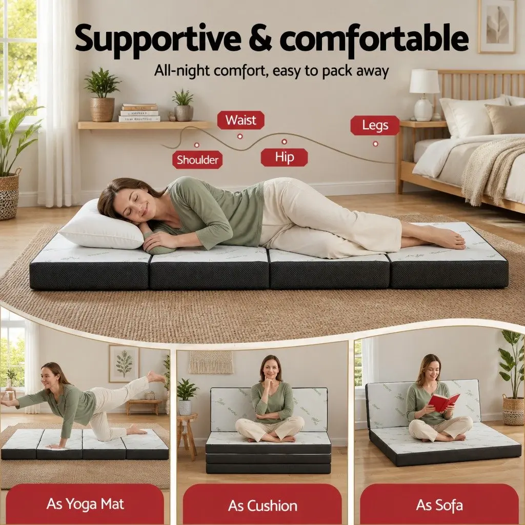 Foldable Foam Mattress Queen Size Folding Bamboo Double Bed Sofa Guest Bedding