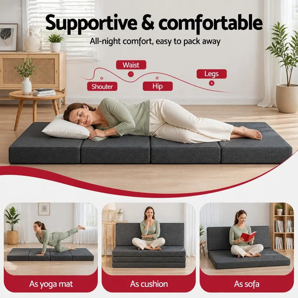Foldable Foam Mattress Convertible Bed Chair Queen Size Grey High-Density Foam Polyester