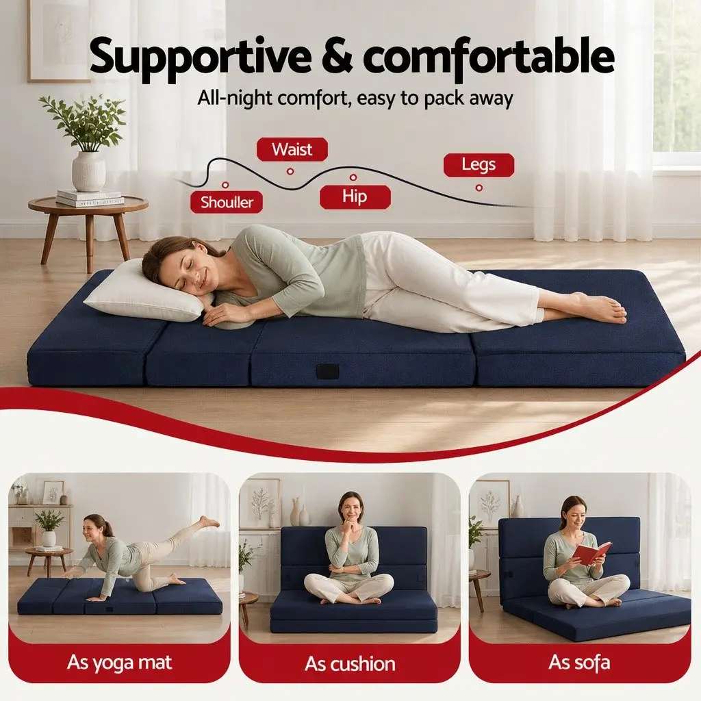 4-Fold Foldable Foam Mattress Blue