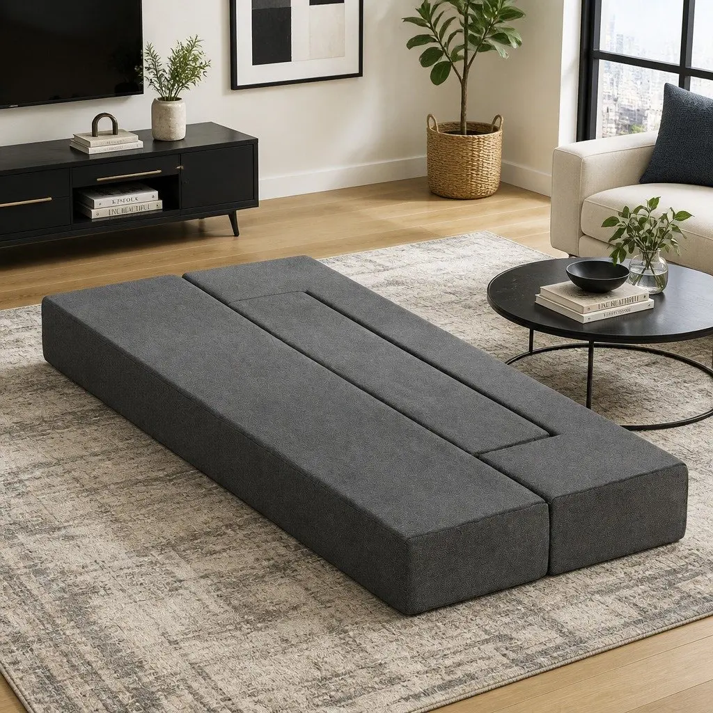 Foldable Foam Mattress Sofa Bed Lounger Ottoman Grey Linen Fabric 190cm x 96cm x 20cm