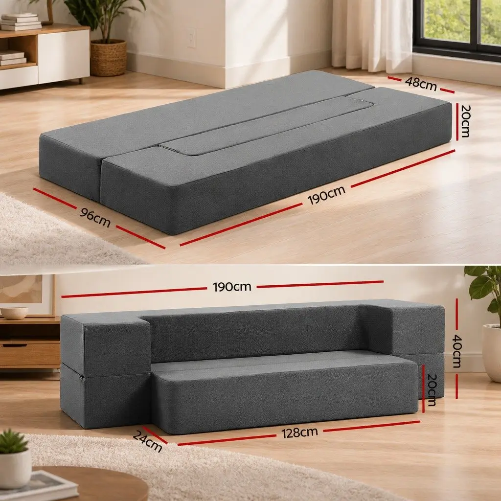 Foldable Foam Mattress Sofa Bed Lounger Ottoman Grey Linen Fabric 190cm x 96cm x 20cm