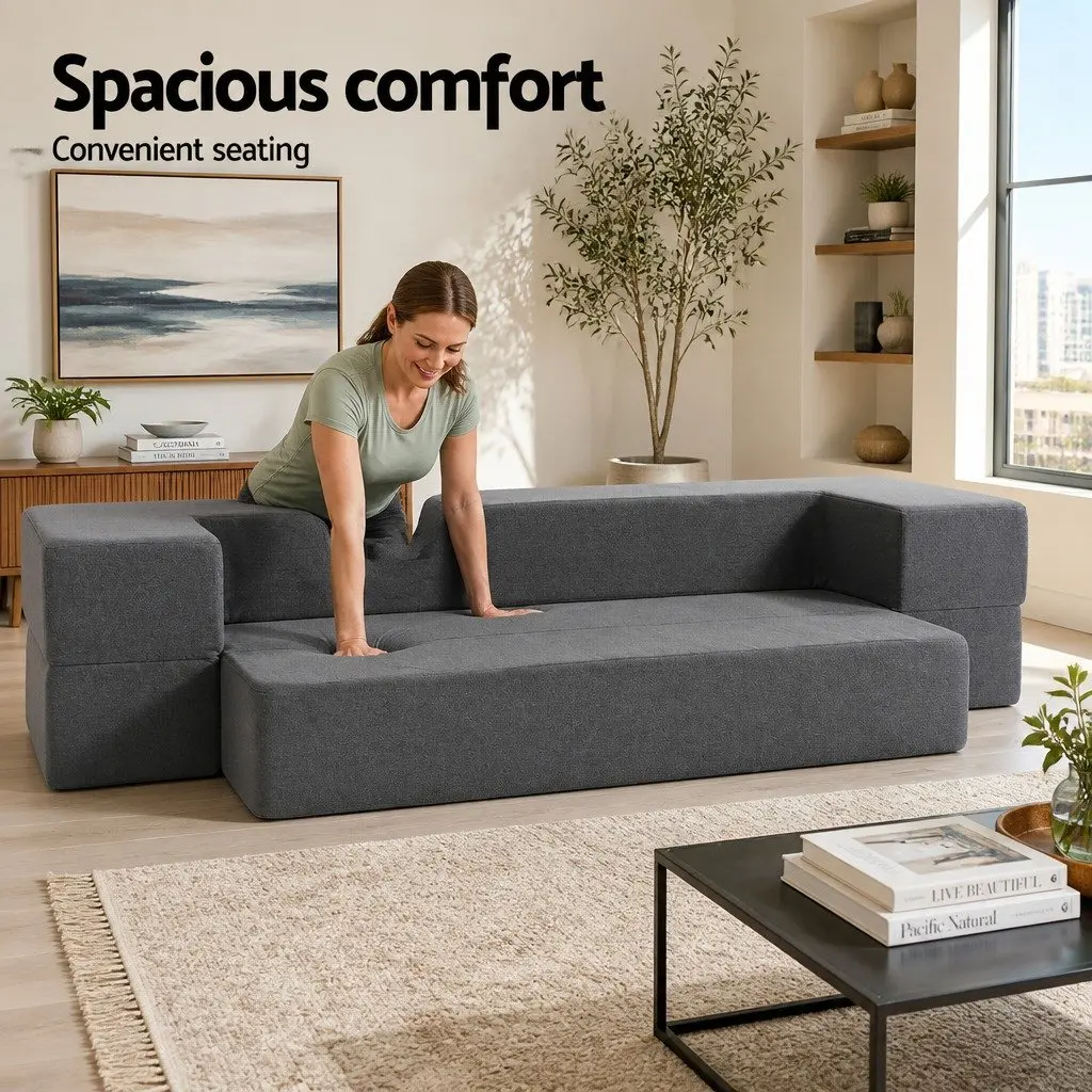 Foldable Foam Mattress Sofa Bed Lounger Ottoman Grey Linen Fabric 190cm x 96cm x 20cm