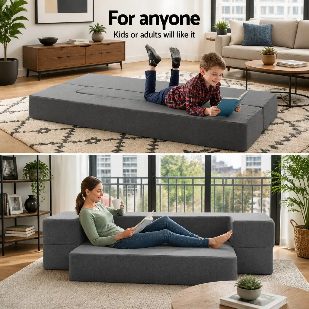 Foldable Foam Mattress Sofa Bed Lounger Ottoman Grey Linen Fabric 190cm x 96cm x 20cm