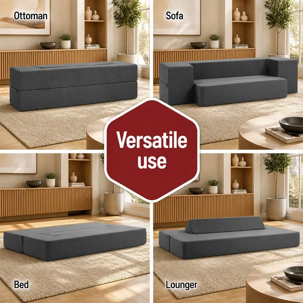 Foldable Foam Mattress Sofa Bed Lounger Ottoman Grey Linen Fabric 190cm x 96cm x 20cm