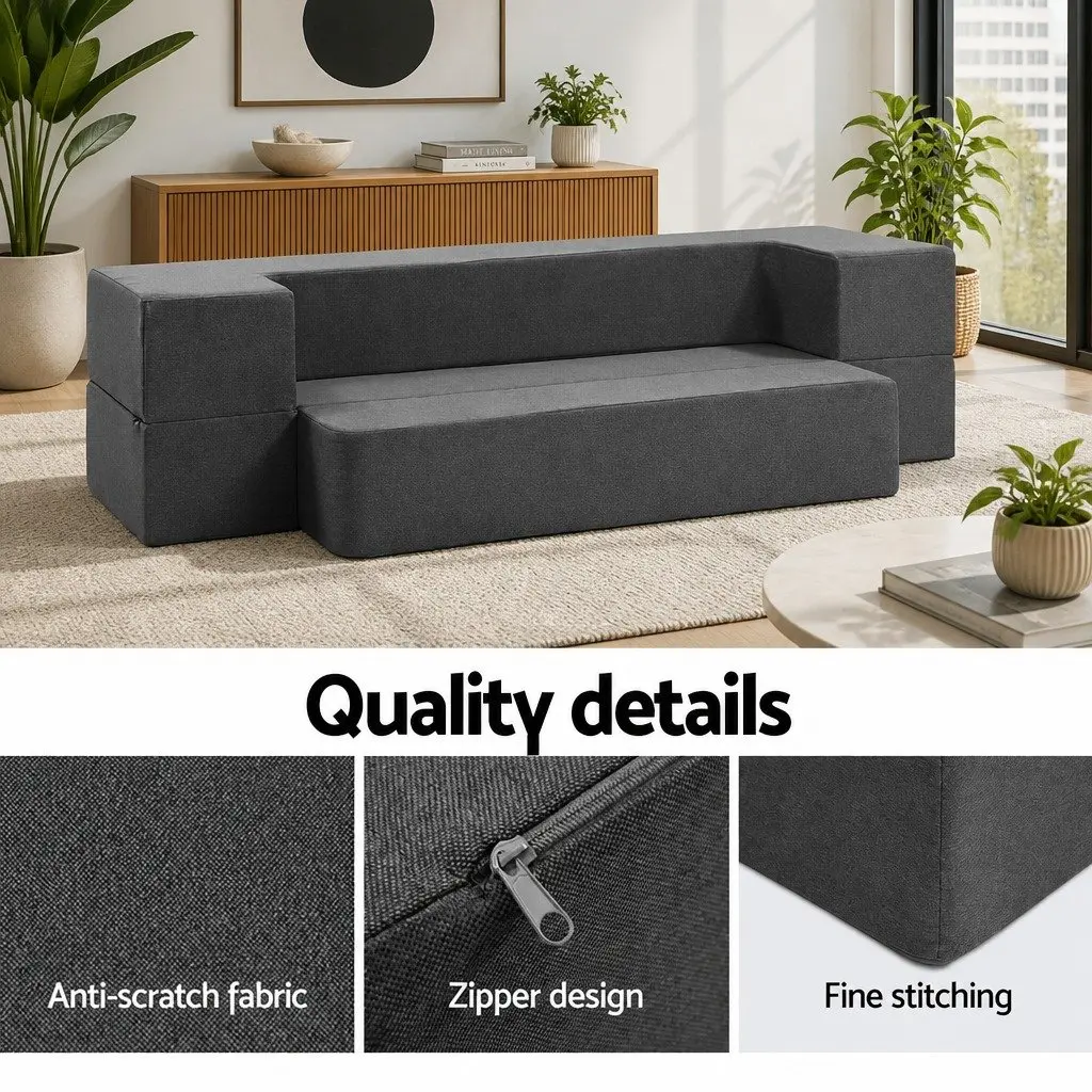 Foldable Foam Mattress Sofa Bed Lounger Ottoman Grey Linen Fabric 190cm x 96cm x 20cm