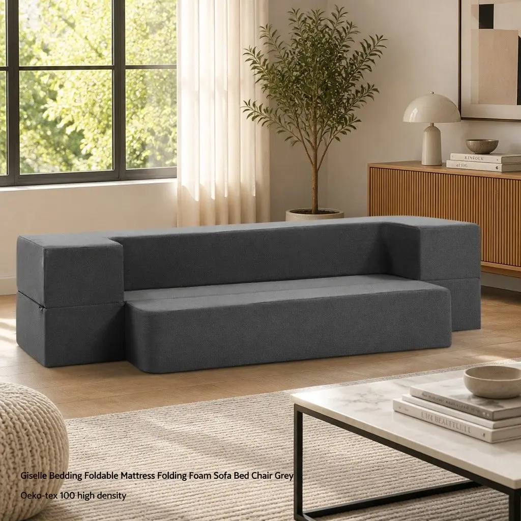 Foldable Foam Mattress Sofa Bed Lounger Ottoman Grey Linen Fabric 190cm x 96cm x 20cm