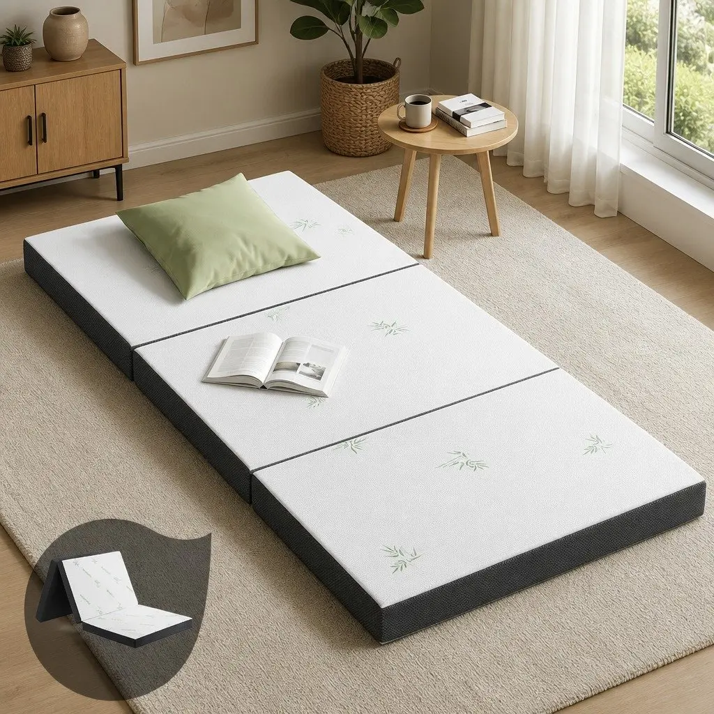Single Folding Foam Mattress White Bamboo Fabric 190cm x 79cm Portable