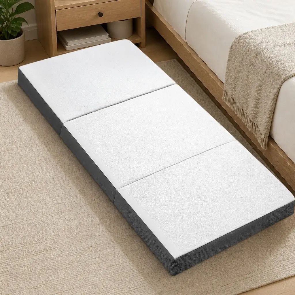 Single Folding Foam Mattress White Bamboo Fabric 190cm x 79cm Portable