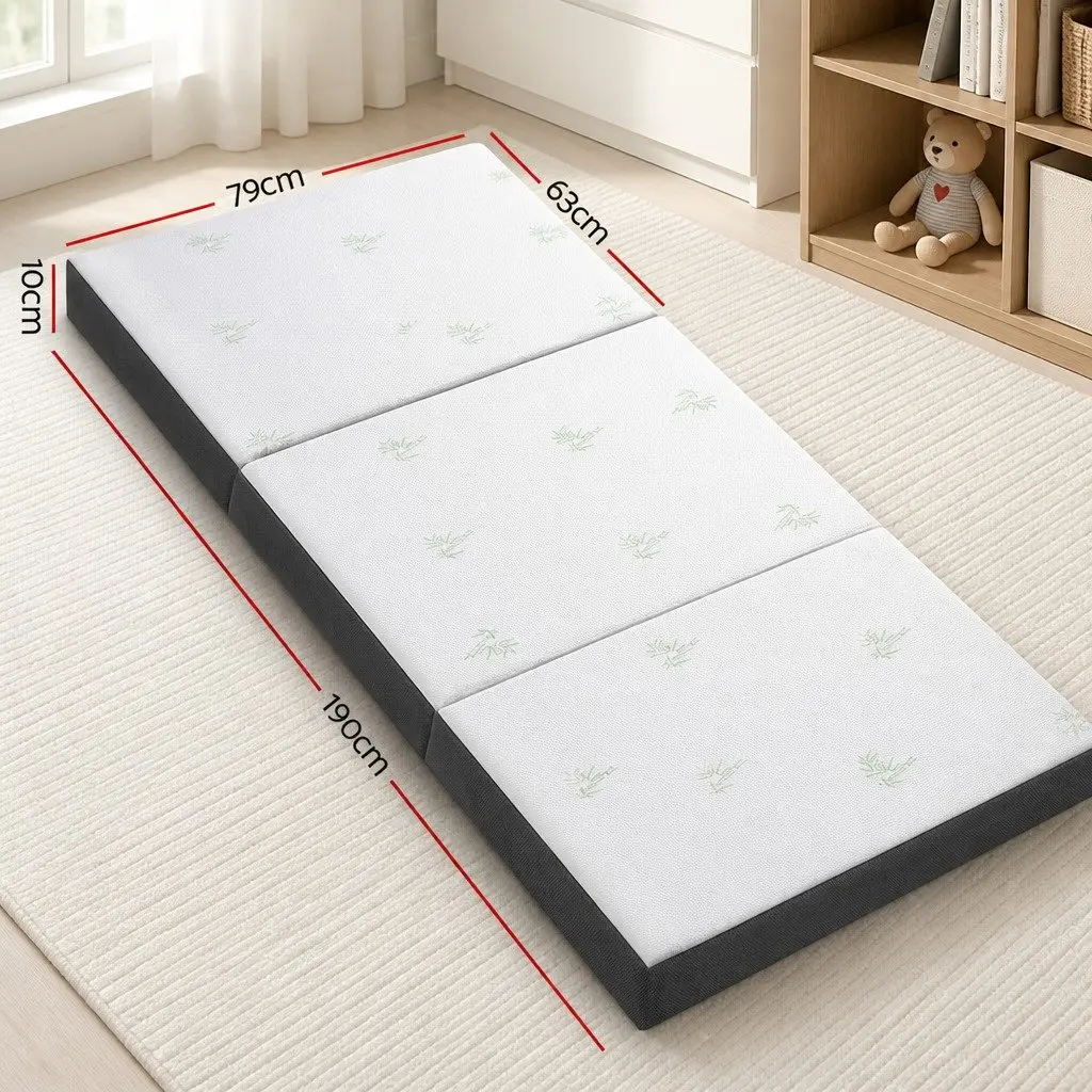 Single Folding Foam Mattress White Bamboo Fabric 190cm x 79cm Portable