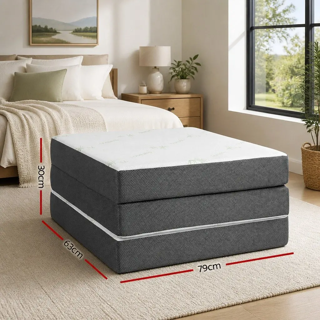 Single Folding Foam Mattress White Bamboo Fabric 190cm x 79cm Portable