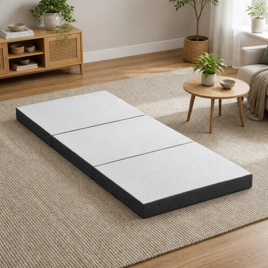 Single Folding Foam Mattress White Bamboo Fabric 190cm x 79cm Portable