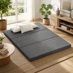 Tri-Fold Foam Mattress Queen Bed Portable Dark Grey