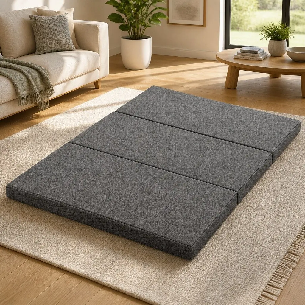 Tri-Fold Foam Mattress Queen Bed Portable Dark Grey