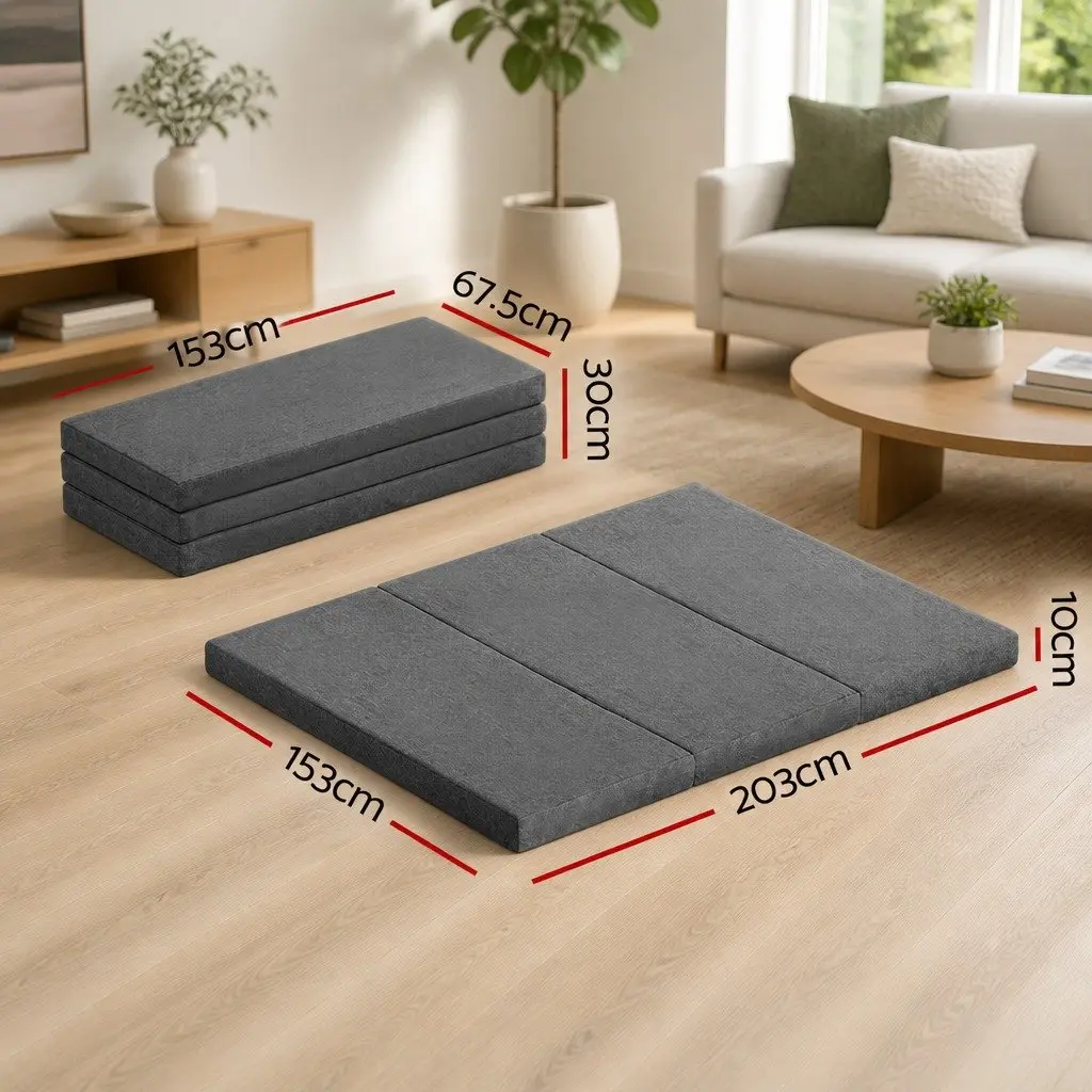 Tri-Fold Foam Mattress Queen Bed Portable Dark Grey
