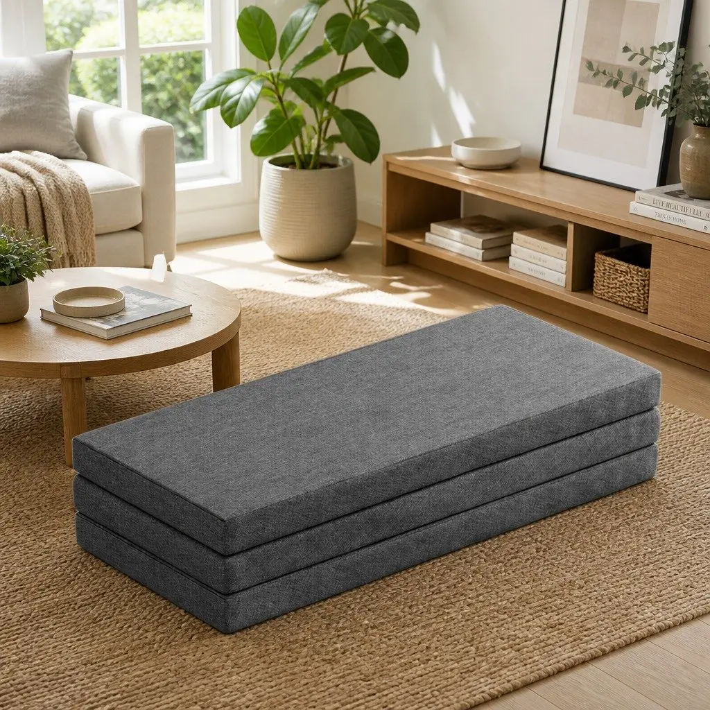 Tri-Fold Foam Mattress Queen Bed Portable Dark Grey