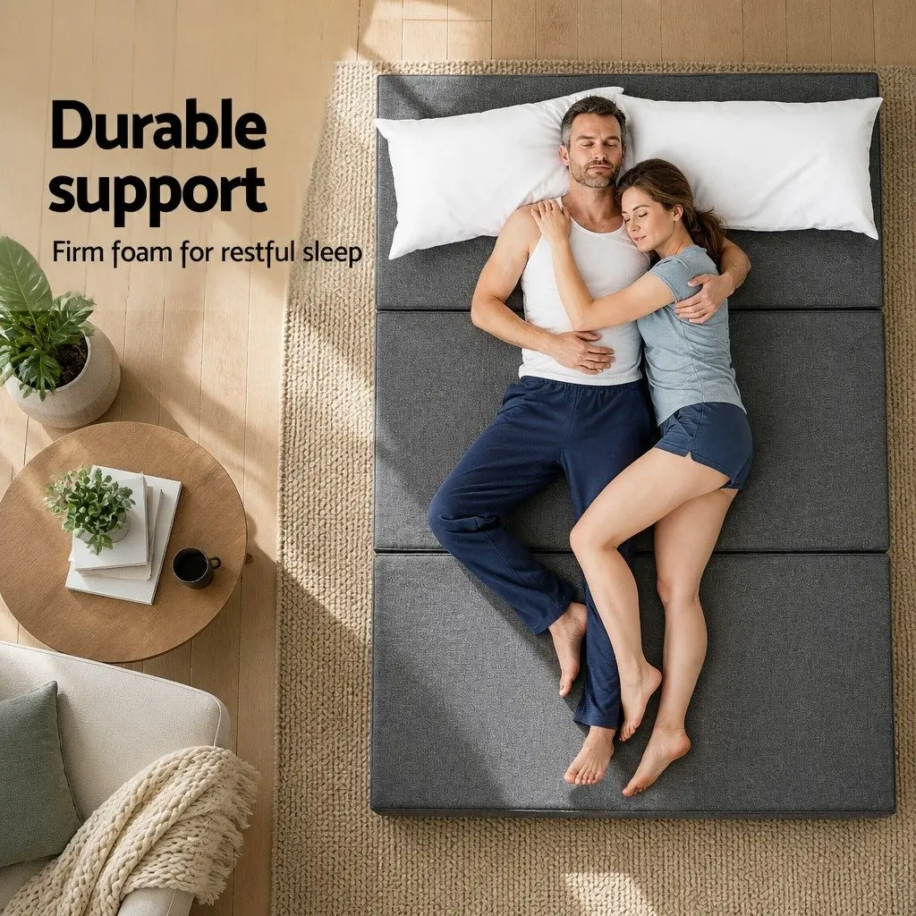 Tri-Fold Foam Mattress Queen Bed Portable Dark Grey