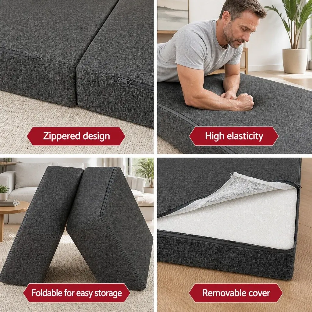 Tri-Fold Foam Mattress Queen Bed Portable Dark Grey