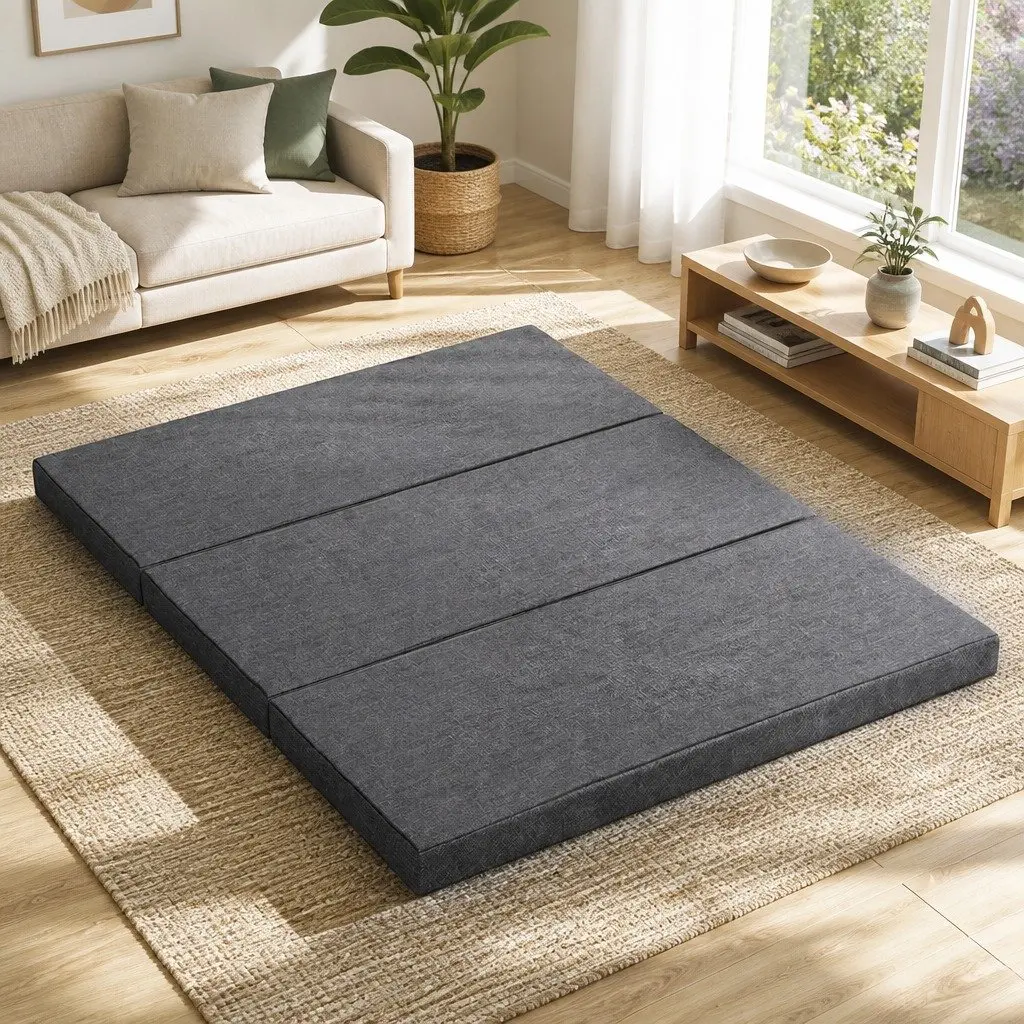 Tri-Fold Foam Mattress Queen Bed Portable Dark Grey