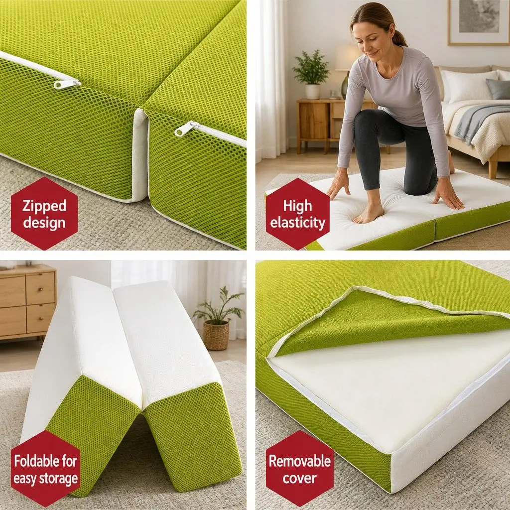 Foldable Foam Mattress Trifold Single Bed Chair Green White Portable Camping