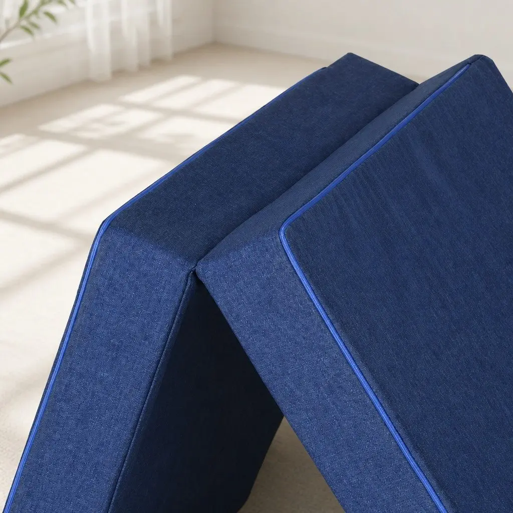 Single Mattress Foldable Foam Blue Tri-Fold Sofa Chair