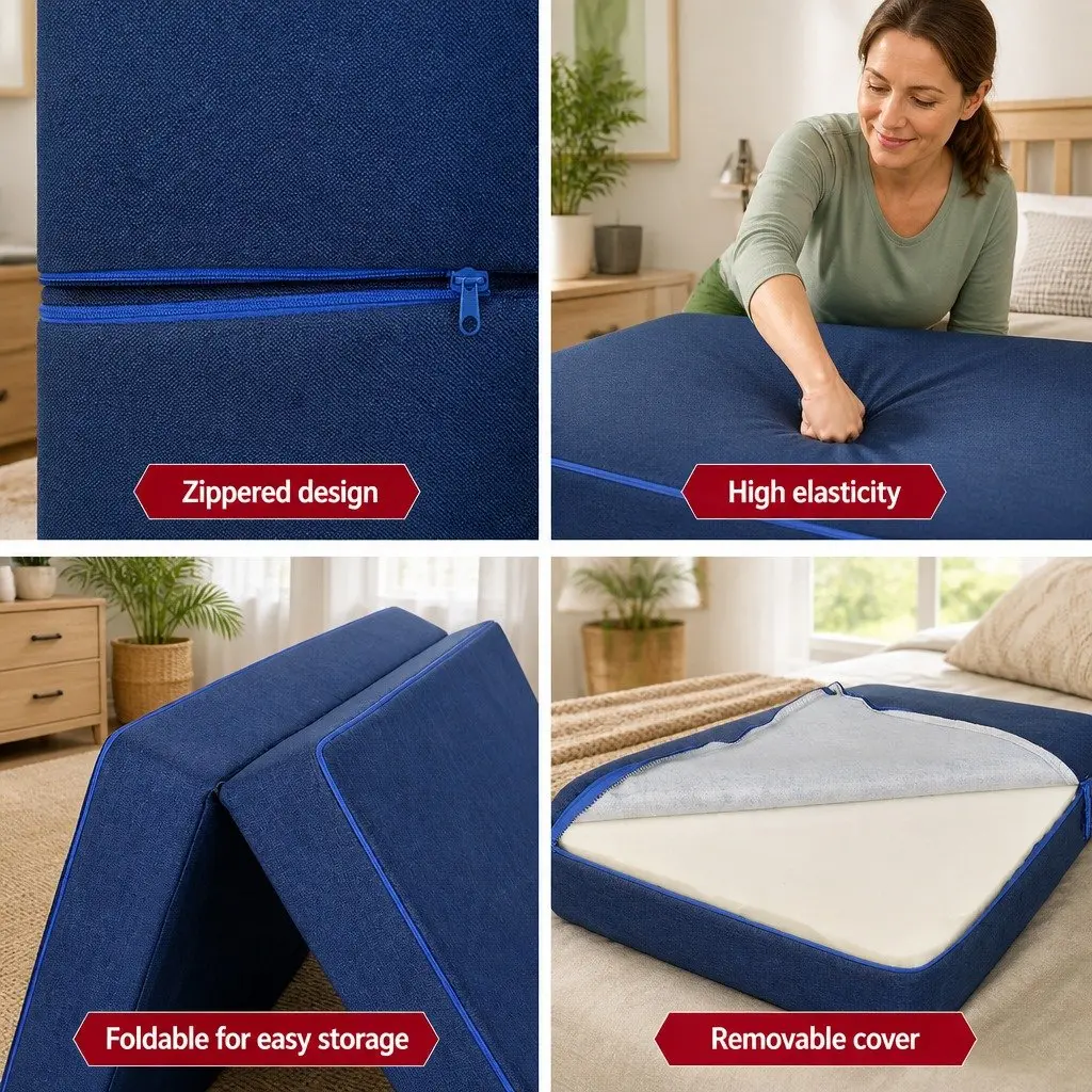 Single Mattress Foldable Foam Blue Tri-Fold Sofa Chair
