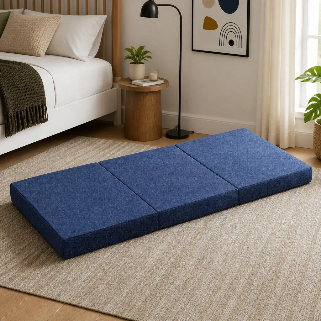 Single Mattress Foldable Foam Blue Tri-Fold Sofa Chair