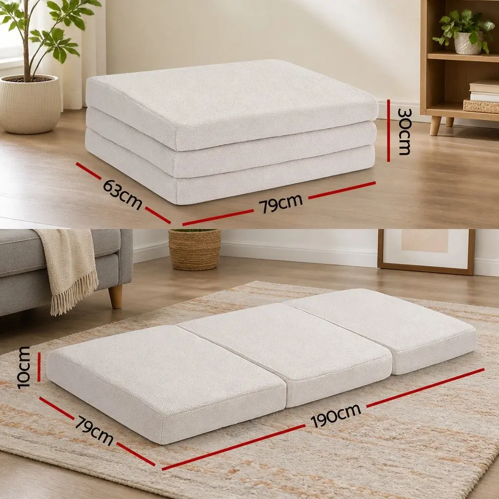 Foldable Foam Mattress 3-Fold Convertible Chair Bed Portable Single Sherpa Fleece 190cm L x 79cm W x 10cm H High-Density Foam