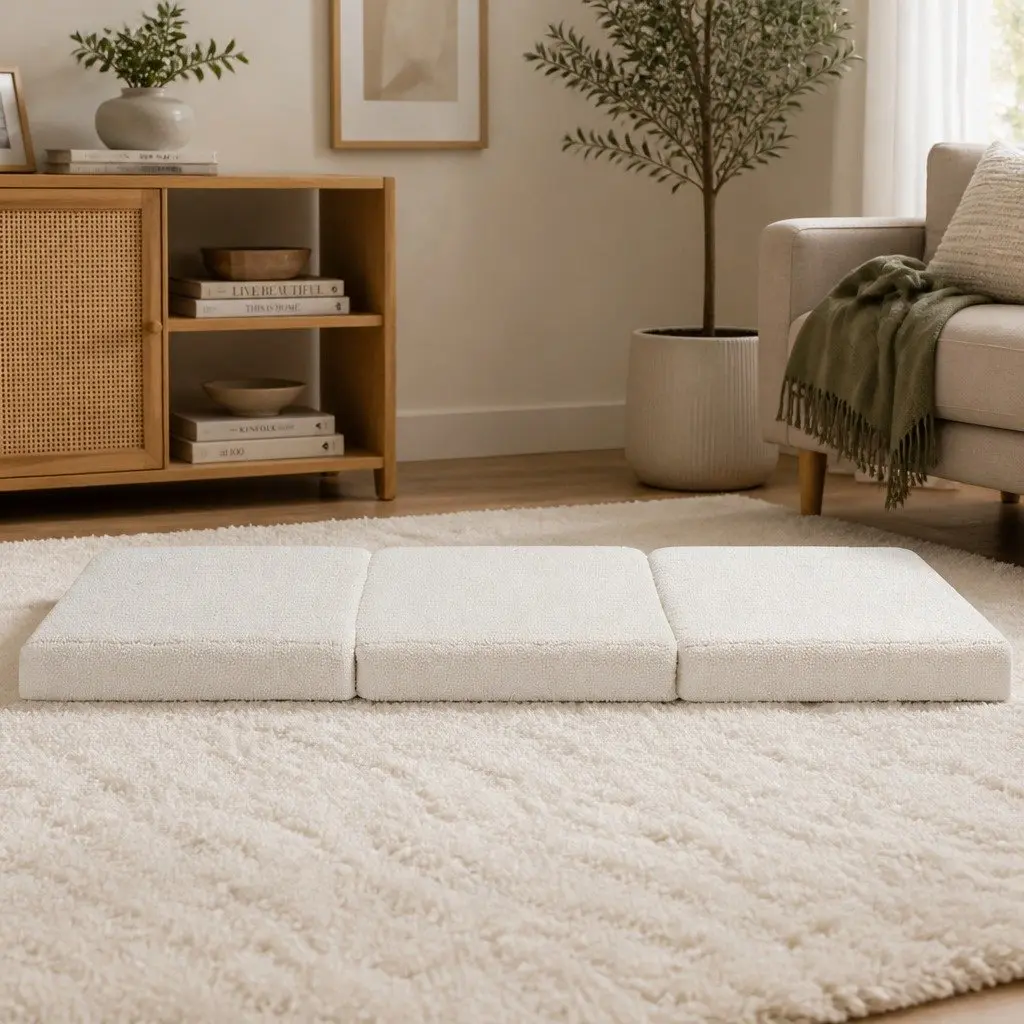 Foldable Foam Mattress 3-Fold Convertible Chair Bed Portable Single Sherpa Fleece 190cm L x 79cm W x 10cm H High-Density Foam