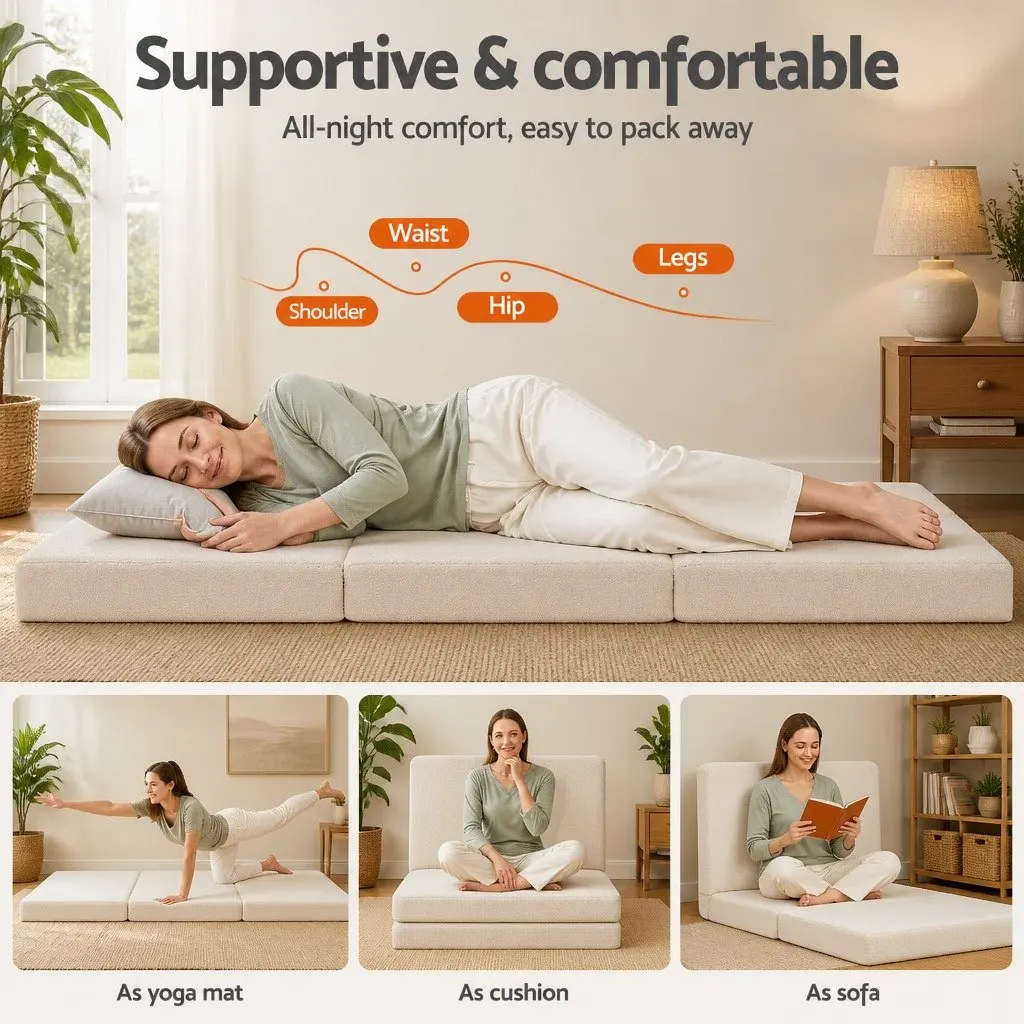 Foldable Foam Mattress 3-Fold Convertible Chair Bed Portable Single Sherpa Fleece 190cm L x 79cm W x 10cm H High-Density Foam